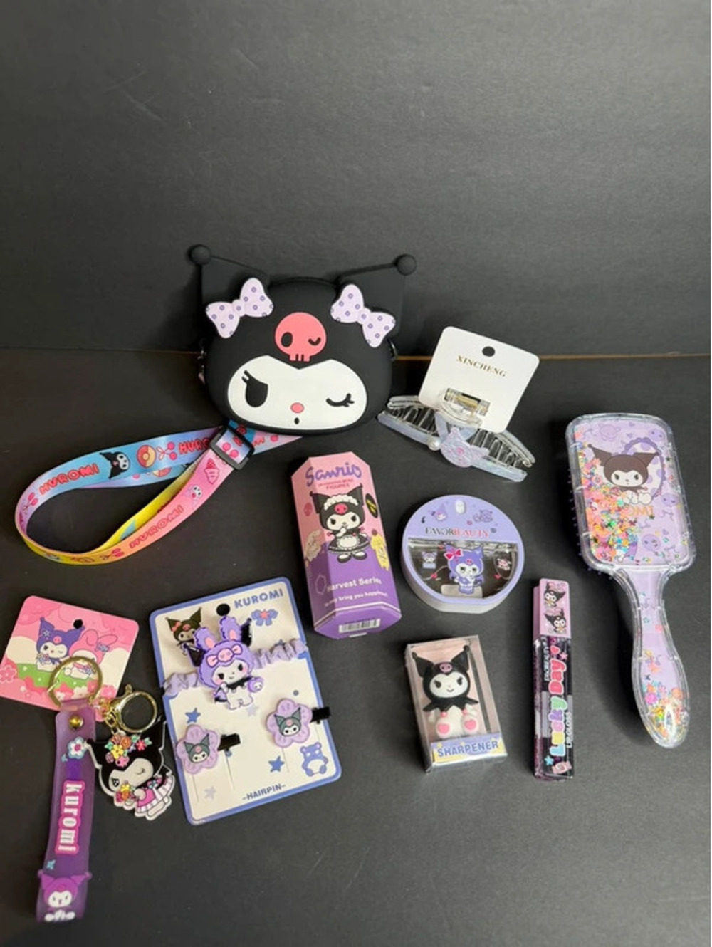 Kuromi hello kitty Sanrio hair brush keychain claw clip purse crossbody bundle